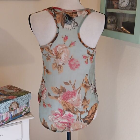 Wet Seal Blue and Pink Fitted Sheer Tank Top, Floral. Racer Back - Picture 5 of 8